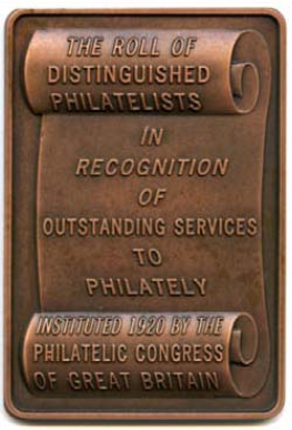 Copper scroll that reads, THE ROLL OF DISTINGUISHED PHILATELISTS IN RECOGNITION OF OUTSTANDING SERVICES TO PHILATELY INSTITUTED 1920 BY THE PHILATELIC CONGRESS OF GREAT BRITAIN